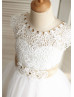 Ivory Lace Tulle Beaded Sash Knee Length Flower Girl Dress